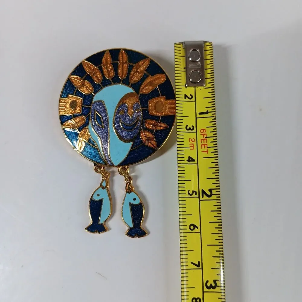 Vtg Barbara Lavallee Cloisonne Enamel Brooch Pin Boho Bohemian Fish Dangle Round